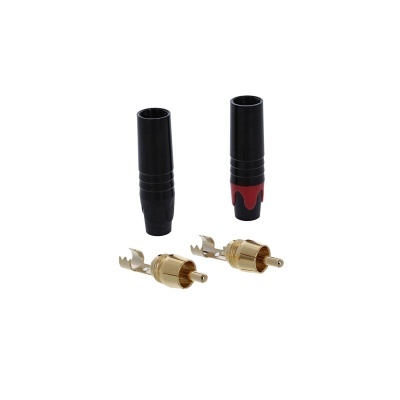 Conectores RCA dourados com capas preta e vermelha