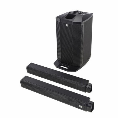 Coluna de som preta com dois altifalantes portáteis pretos