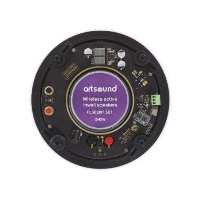 Placa eletrônica redonda preta com etiqueta roxa da marca artsound