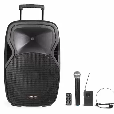 Sistema de som portátil preto FONESTAR com microfones, comando remoto e transmissor sem fios