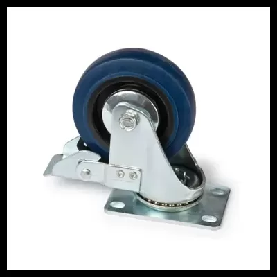 Rodízio de carga com roda azul e estrutura metálica cromada