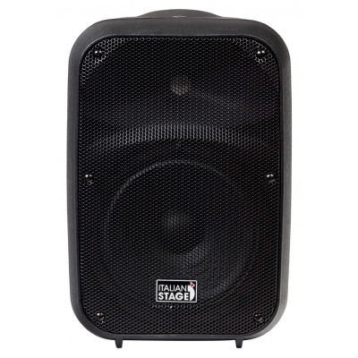 Coluna de som ativa preta com etiqueta ITALIAN STAGE