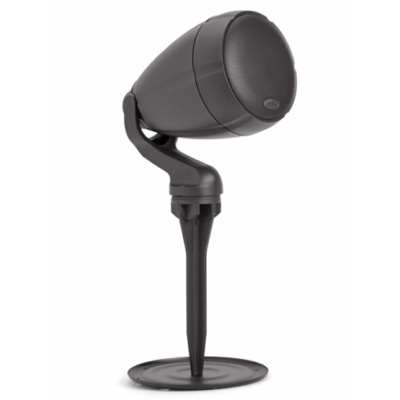 Coluna de som preta em suporte com base circular