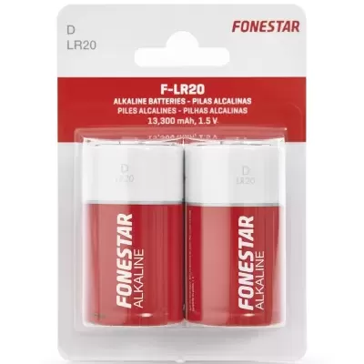 Pack de duas pilhas alcalinas Fonestar F-LR20 em embalagem de blister transparente