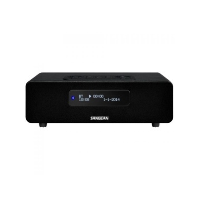 Rádio digital preto com visor central da marca SANGEAN