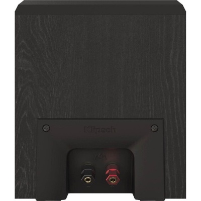 Subwoofer preto com textura de madeira e conexões áudio traseiras