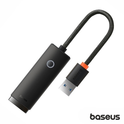 Adaptador Baseus preto com cabo trançado e conector USB azul