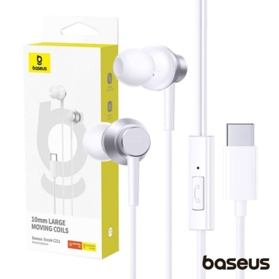 Auriculares intra-auriculares Baseus brancos com cabo USB-C e controlo de chamada