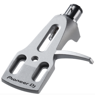 Cabeça para gira-discos cinza metálico com texto PIONEER DJ