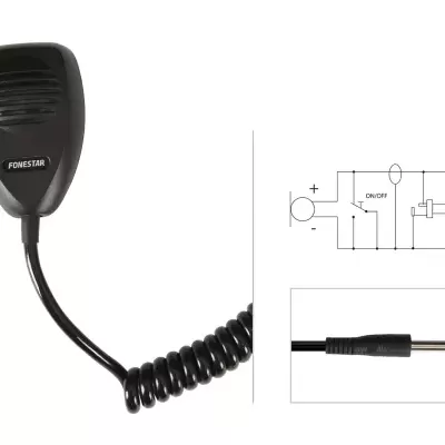 Microfone PONSTAR preto com cabo espiral e ficha jack 6,35 mm sobre fundo branco