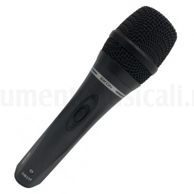 Microfone preto com botão e inscrição DENON