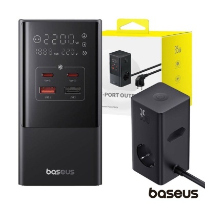 Carregador Baseus preto com ecrã LED e quatro portas USB ao lado de caixa e carregador de parede.