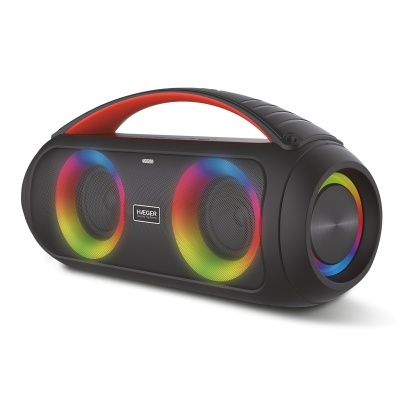 Coluna portátil preta com luzes LED coloridas e alça vermelha