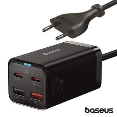 Carregador Baseus preto 65W com múltiplas portas USB e cabo com ficha europeia