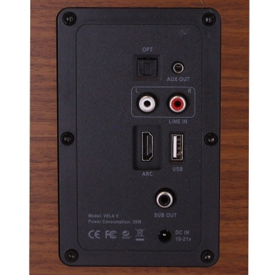 Painel traseiro de caixa de som em madeira com várias conexões e texto técnico