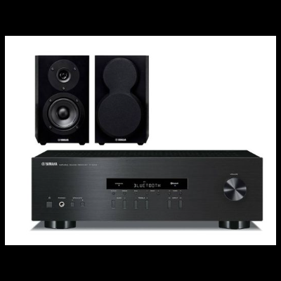 Sistema de som Yamaha preto com amplificador e colunas.