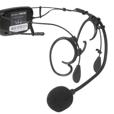 Microfone headset preto com suporte ajustável e esponja no microfone