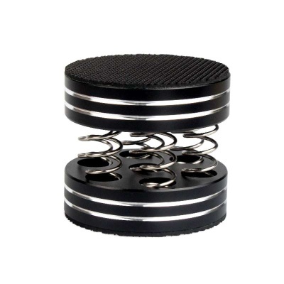 Produto com duas bases circulares pretas e molas helicoidais prateadas