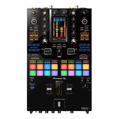 Mesa de mistura DJ preta com botões coloridos e ecrã a cores