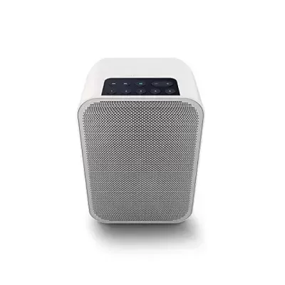 Coluna de som portátil branca com grelha cinza e botões no topo