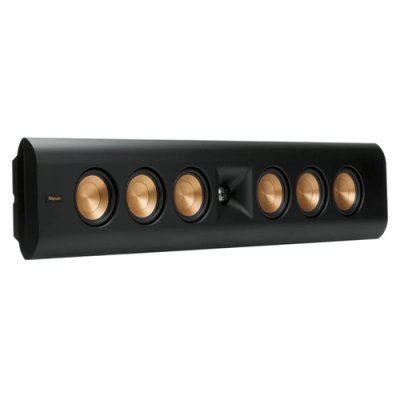 Coluna de som preta com cones dourados e unidade central preta