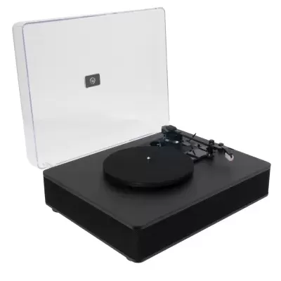 Toca-discos preto com tampa transparente aberta