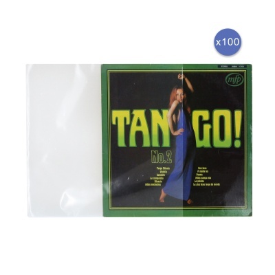 Pacote com 100 capas plásticas transparentes para discos com etiqueta TANGO! No. 2 e imagem mulher azul