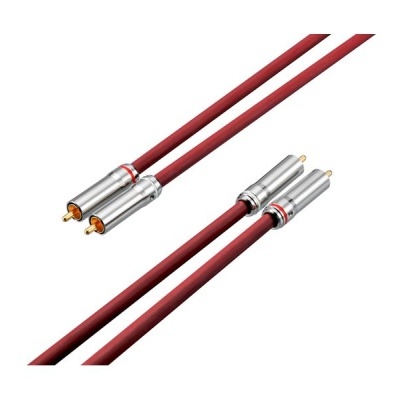 Cabo de áudio RCA vermelho com conectores prateados e dourados