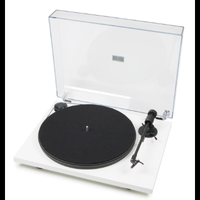 Gira-discos branco com prato preto e tampa transparente