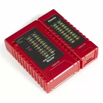 Dispositivo eletrônico vermelho com LEDs e texto em inglês