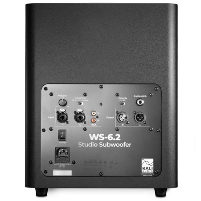 Subwoofer de estúdio WS-6.2 da Kali Audio, costas com entradas e controlos