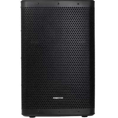 Coluna de som preta com grelha metálica e marca FONESTAR