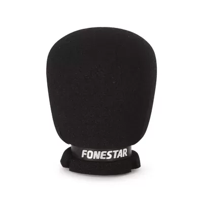 Espuma protetora de microfone preta com texto FONESTAR na base