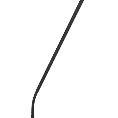 Microfone de mesa preto com base e espuma protetora ao lado