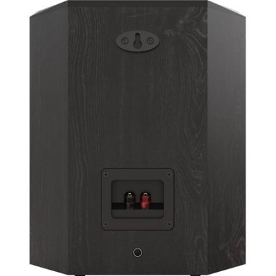 Coluna de som preta vista de trás com conectores e suporte