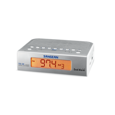 Rádio despertador digital Sangean FM-AM prateado com ecrã laranja