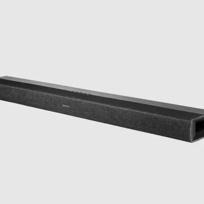 Barra sonora preta retangular com textura e abertura na extremidade