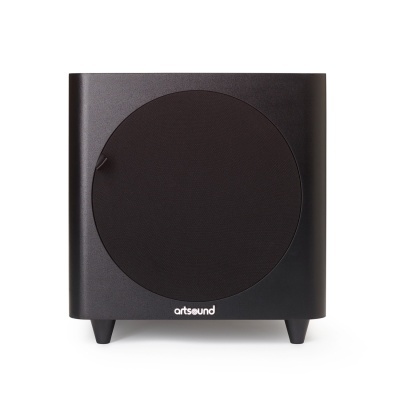 Subwoofer preto artsound com grelha circular frontal e pernas pequenas