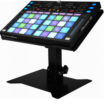 Controlador MIDI Pioneer DJ preto com botões coloridos e suporte metálico