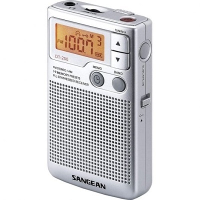 Rádio portátil SANGEAN DT-250 cinzento com ecrã digital amarelo e botões de controlo