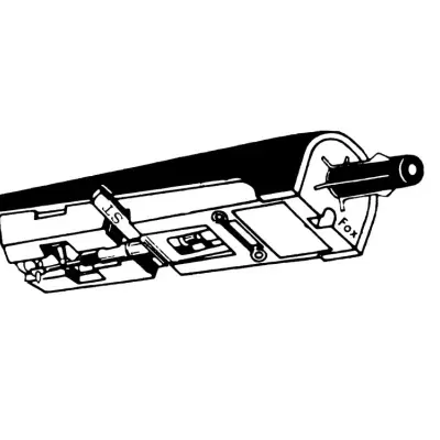 Componente mecânico ou elétrico preto e branco com formas retangulares e tubo