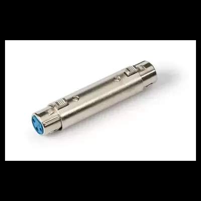 Adaptador em metal prateado com conexões azuis para áudio