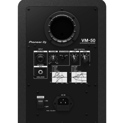 Monitor de estúdio preto Pioneer DJ VM-50 com painel traseiro detalhado