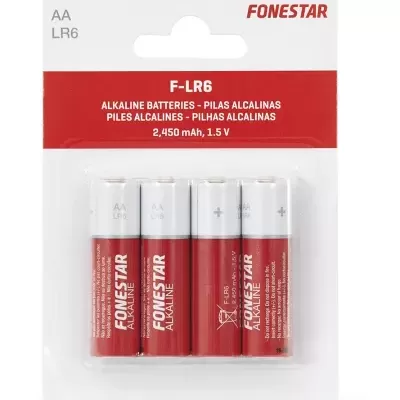 Pack de quatro pilhas alcalinas AA FONESTAR em embalagem plástica e cartão branco e vermelho