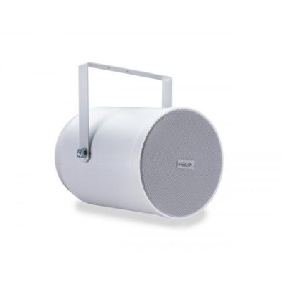 Coluna de som branca cilíndrica com suporte em metal e texto HORN na grelha.