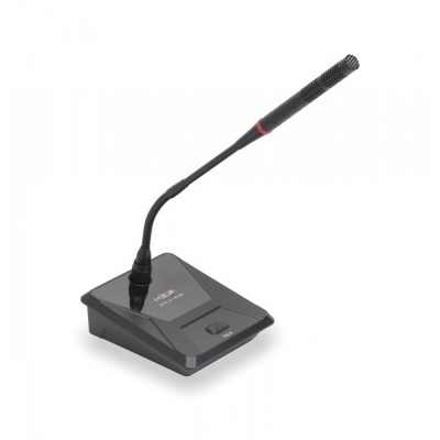 Microfone de mesa preto com base quadrada e pescoço flexível