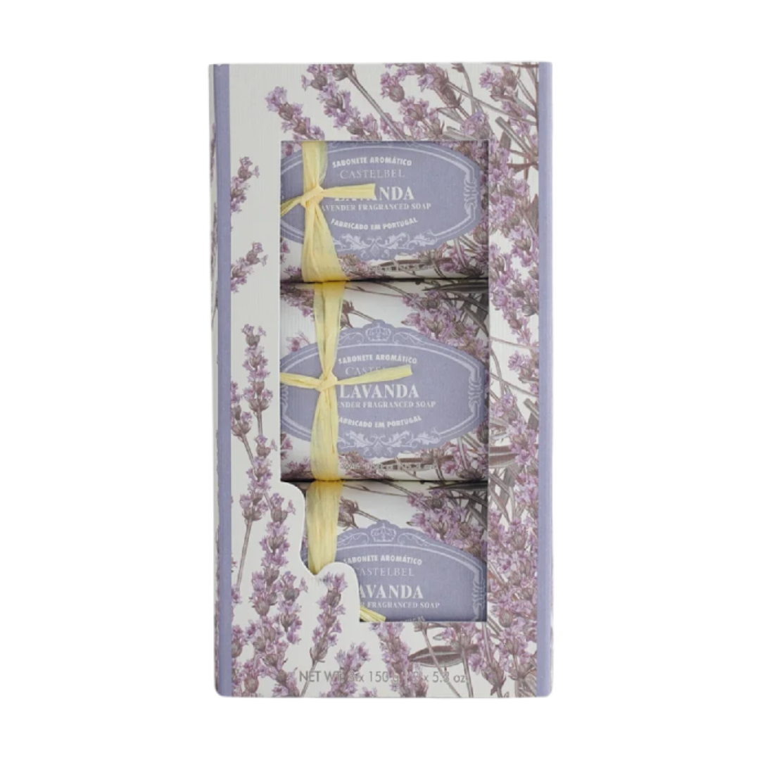 Castelbel - Conjunto de Sabonetes Lavanda Conjunto 3 sabonetes aromáticos lavanda Castlebell embalados com fita amarela e caixa decorada