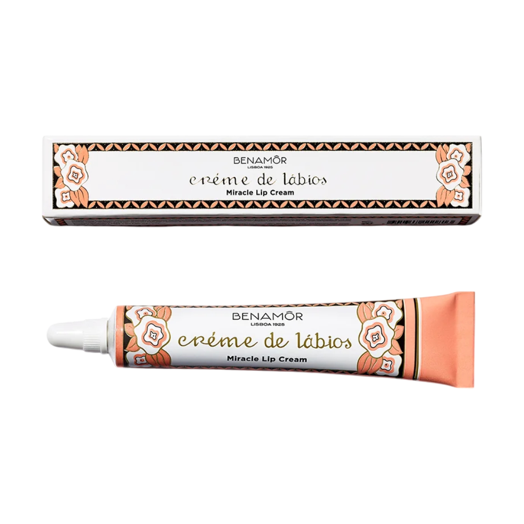 Benamôr - Creme de Lábios Créme de Rosto Embalaem de creme de lábios Benamôr com flores laranja e texto em preto