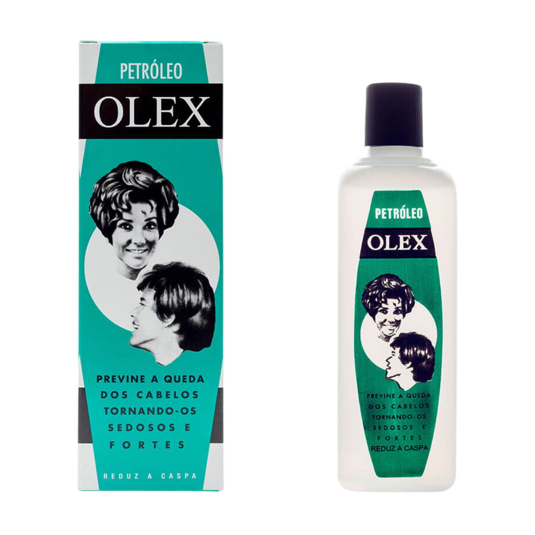 Couto - Petróleo Olex Frasco e embalagem do produto PETRÓLEO OLEX com rótulo verde e preto, imagens de duas pessoas e texto sobre cuidados capilares.