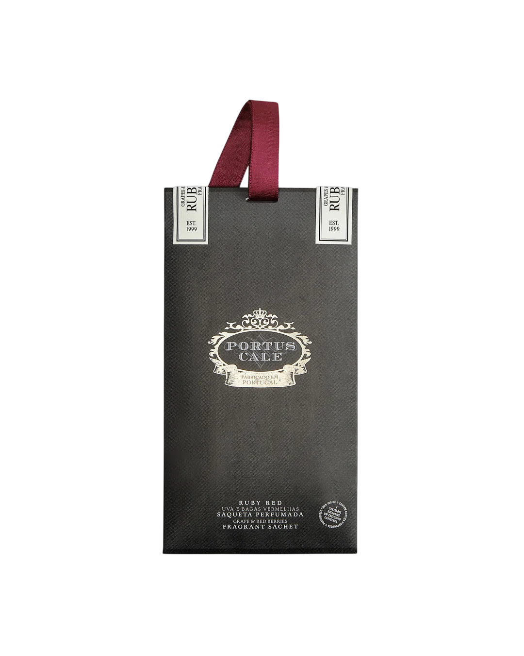 Saco perfumado preto PORTUS CALE com alça vermelha e texto branco